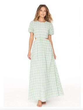 Show Me Your MuMu | Eloise Pastel Sage Plaid Puff Sleeve Cutout Maxi Dress | (M)